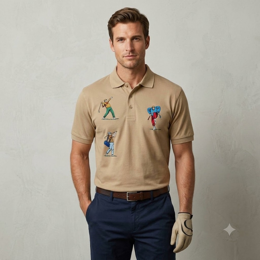 David Smith Polo Shirt Mens Large Tan  Embroidered Golf Characters Cotton